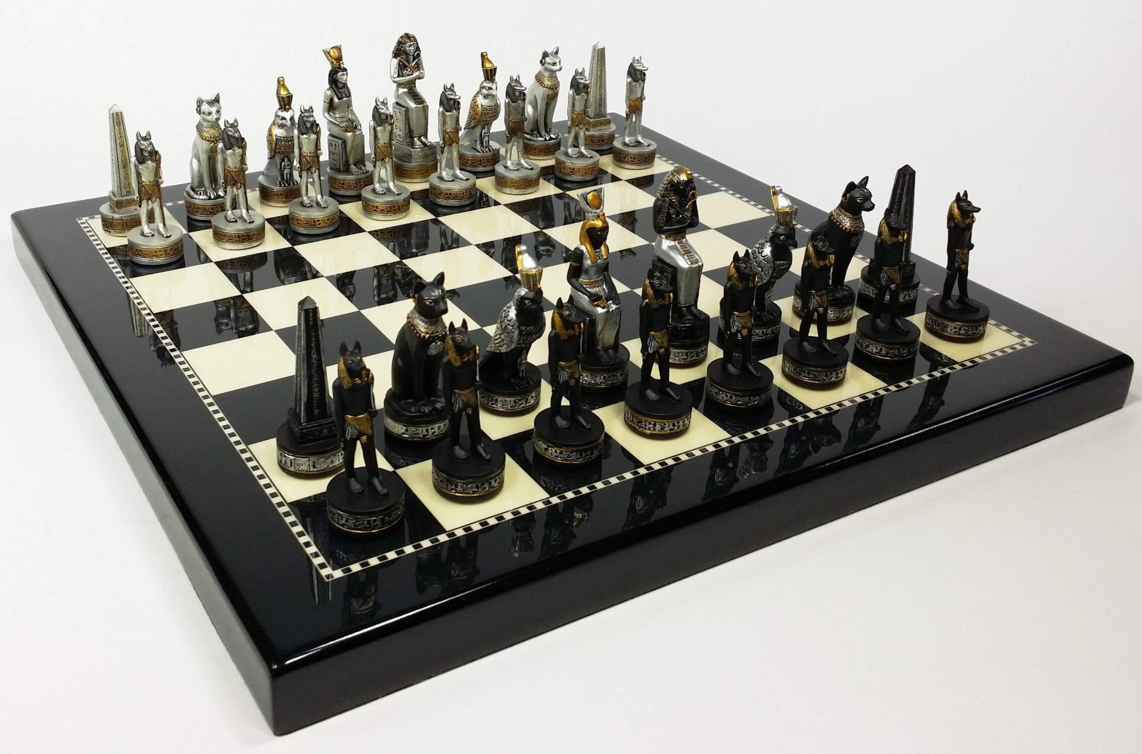 Egyptian Anubis Chess Set Black Silver  Gold W/ 15" Black  White Gloss Board