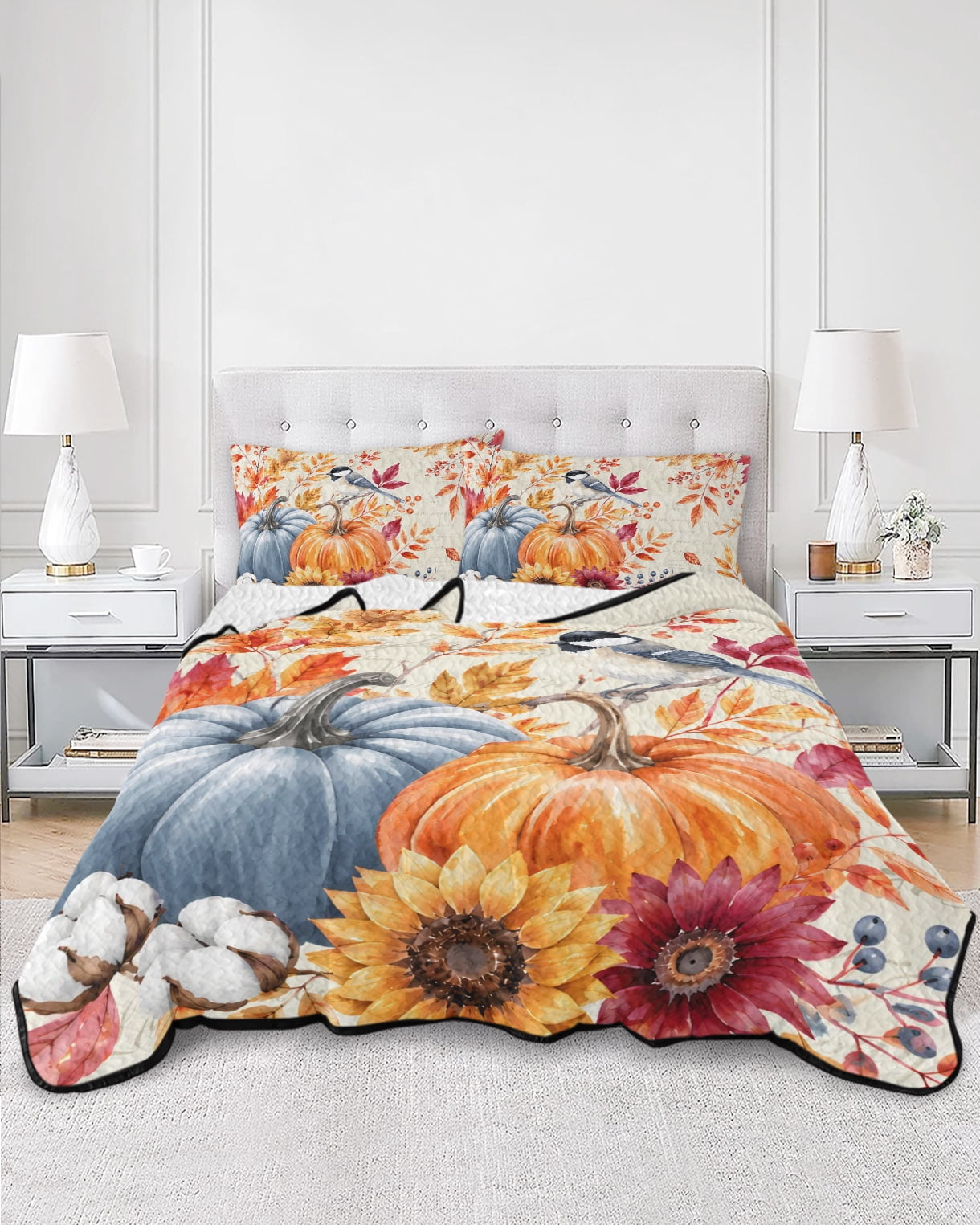 Fall Quilts Bedding Set King Size Harvest Orange Blue Pumpkins Maple Leaf Sunflower Bird Retro Lightweight Quilted Bedspread 3 Piece Bed Quilt with 2 Pillow Shams All Season for Bedroom 90" x 96"