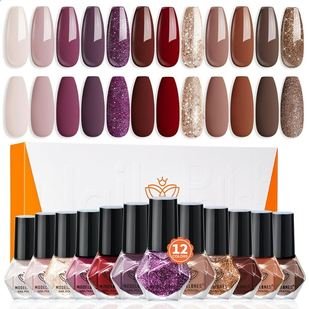 Set de esmaltes de uñas Modelones, 12 colores, rojo burdeos y dorado