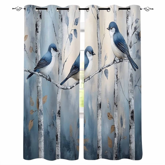 Teal Forest Birds Blackout Curtains for Bedroom/Living Room, Thermal Insulated Kitchen Curtains, Modern Oil Painting Farmhouse Grommet Darkening Window Treatment Drapes 42"x63"x2