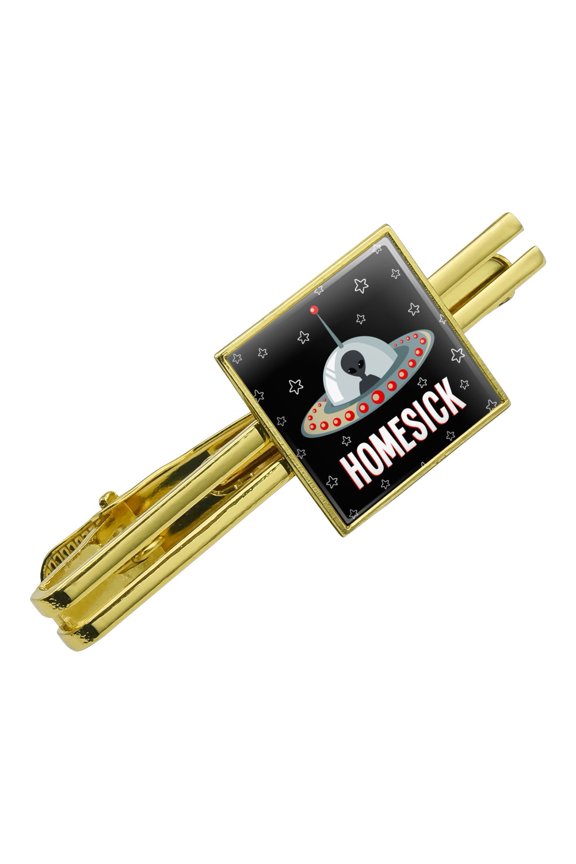 Homesick UFO Alien Funny Square Tie Bar Clip Clasp Tack- Silver or Gold