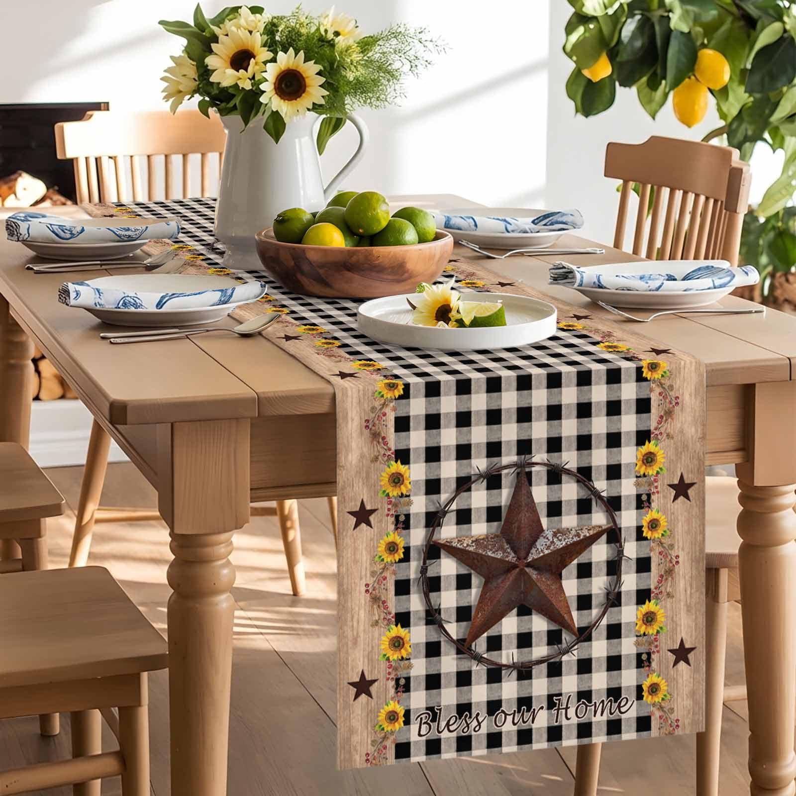 Farm Star Sunflower Wood Grain Table Runner 90 Inches Long, Black Buffalo Plaid Table Runners Tabletop Scarf Kitchen Dining Tables Decoration for Home Party Indoor Outdoor