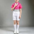 thumbnail image 5 of ZACPNCV Boys Sequined Formal Performance Outfit Set Short Sleeve Collared Top with Rhinestone Waistband Shorts Kids Stage Show Clothing Set 5-6Years A-Hot Pink, 5 of 7