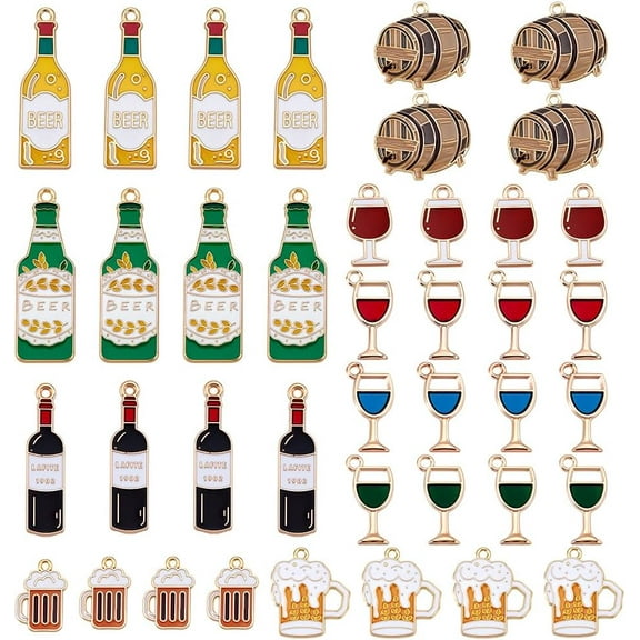 40pcs 10 Styles Cute Enamel Charms Beer Wine Key Chain Pendants Drink Charms Alloy Charm Bag Pendants for Earrings Necklace Jewelry Keychains Making Party Favor Club Gifts 0.75~1.5 Inch