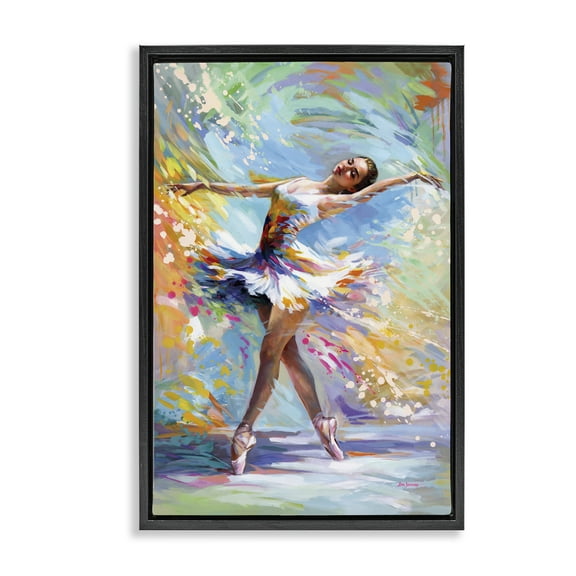 Stupell Industries Ballerina on Pastel Splatter Entertainment Painting Black Floater Framed Canvas Art Print Wall Art, 17 x 25