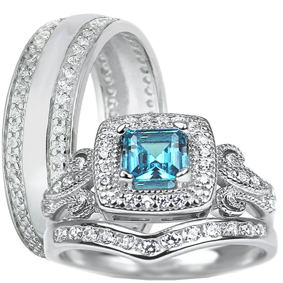 LaRaso & Co His Hers Blue Topaz CZ Silver Wedding Engagement Ring Set for Men Women Couples Bride Groom