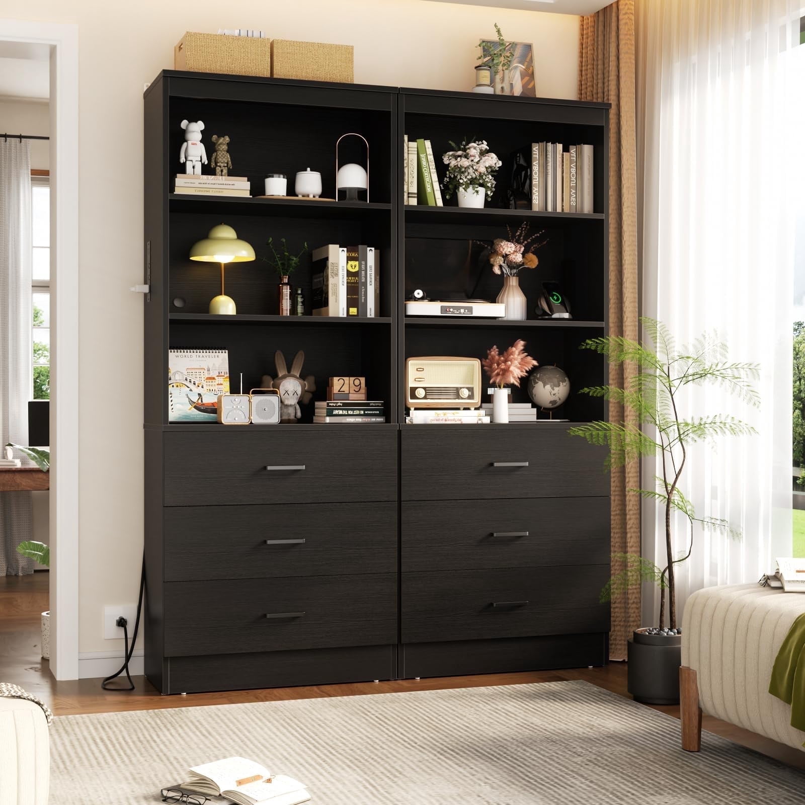 Homieasy 71" Tall Bookcases with 3 Large Drawers & 3 Shelves, Wooden Bookshelf for Living Room Office, with USB Ports & Outlets.Black