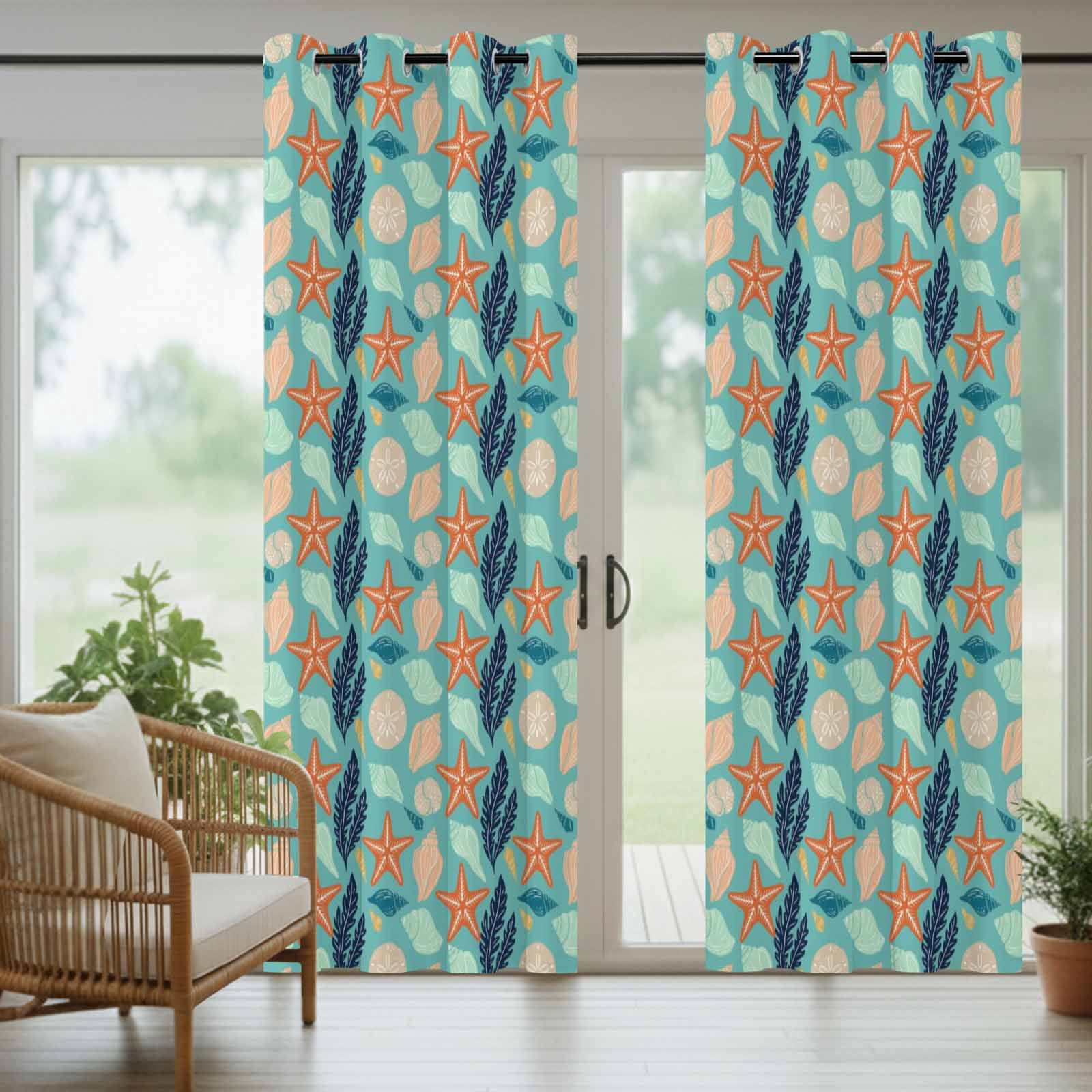 Ocean Life Outdoor Curtains for Patio, Orange Starfish Conch Coral Sea Urchin Green Sunshade Privacy Drapes Grommet Waterproof Outside Curtains for Porch/Cabana/Balcony 54"x 95", 2 Panel