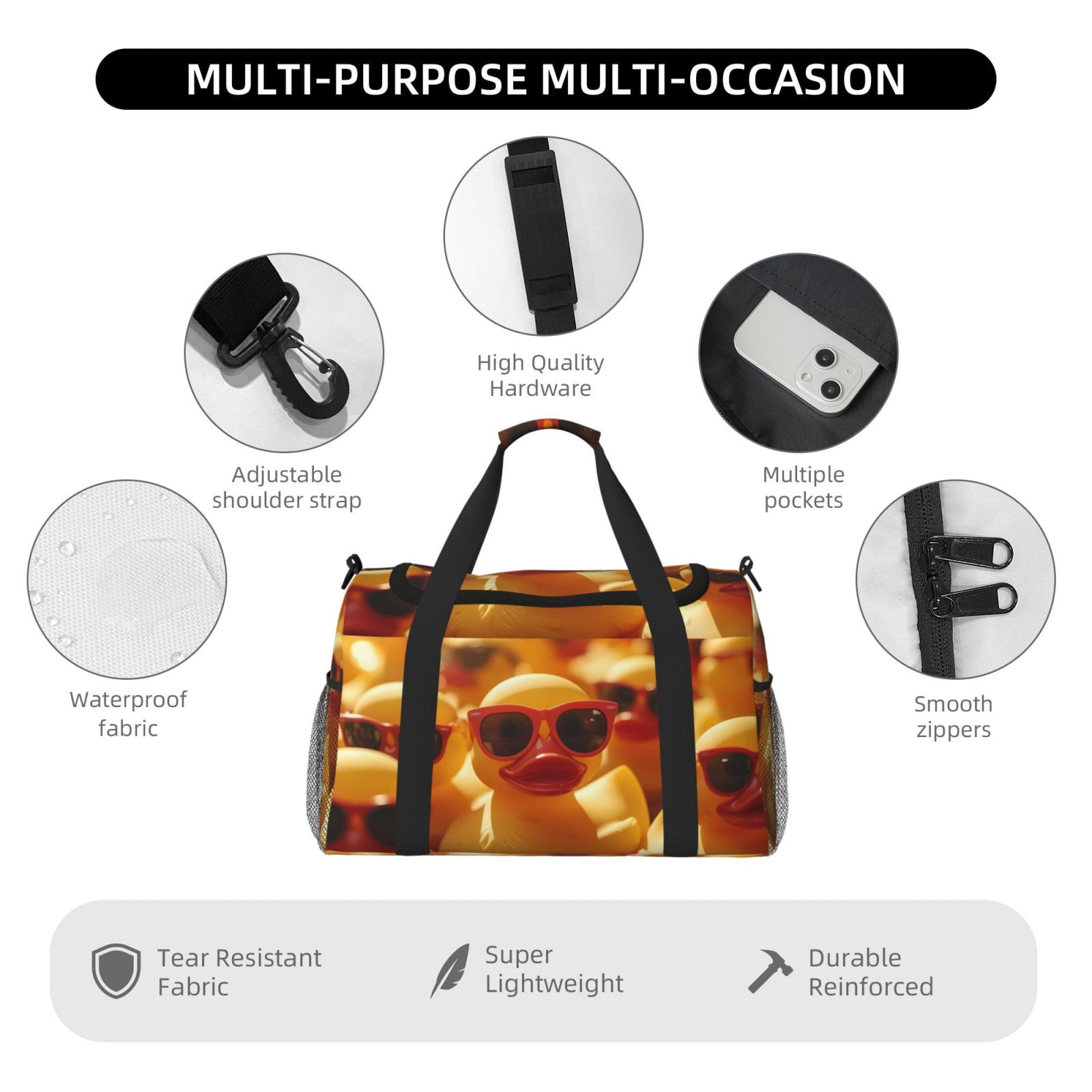 Picia Sunglasses Yellow Duck Print Travel Duffle Bag,Weekender Bags for Women with Shoe Compartment, Gym Duffel Bag with Wet Pocket, Hospital Bags for Labor and Delivery