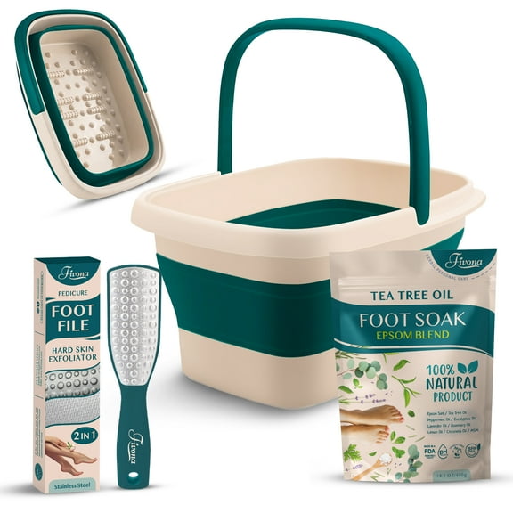 Fivona Foot Care Kit 3 in 1 -  Foot Soak Blend with Epsom Salt, Tea Tree & Essential Oils - Collapsible Foot Soak Basin - Dual Action Foot File