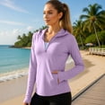 thumbnail image 2 of Qgtaibl Women UPF 50+ Hooded Sun Protection Shirts Quarter Zip Raglan Long Sleeve Rash Guard Zipper Pockets Thumb Holes Lightweight Athletic Tops Purple L, 2 of 7