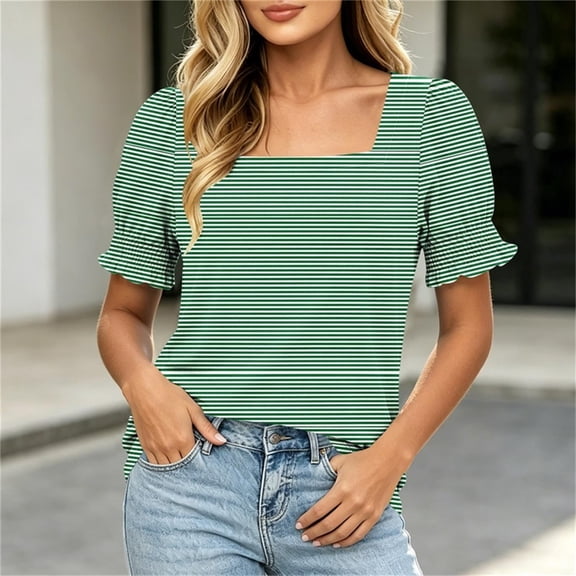 Haivin Women's T-Shirt, Casual Striped Print with Square Neck and Lace Trim, Short Sleeve for Everyday Wear
