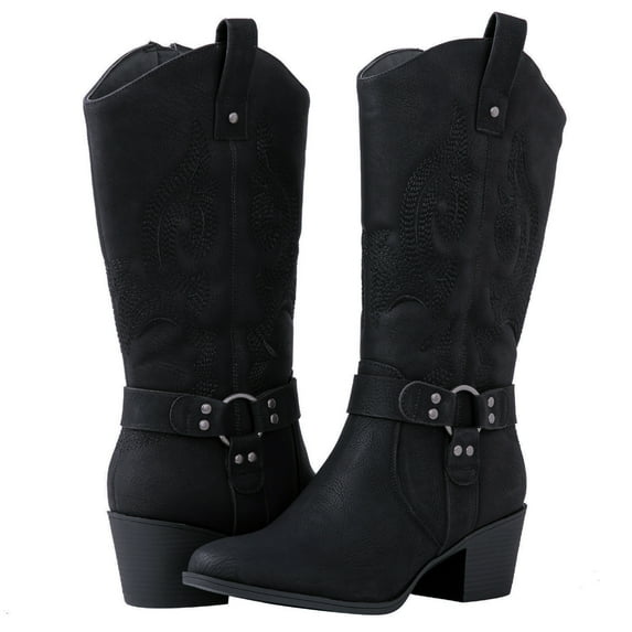 GLOBALWIN Women's Black Knee High Cowboy Boots 9.5M