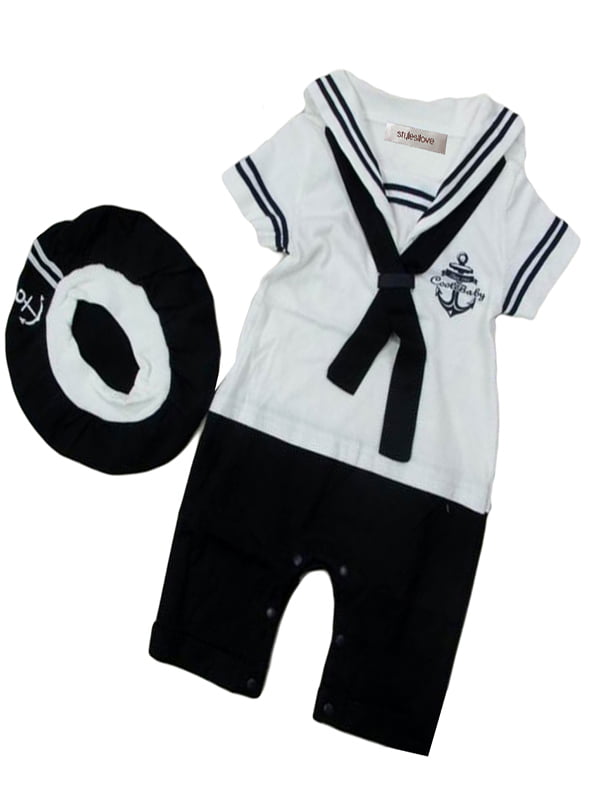 Baby Boy Sailor Costume Short Sleeve Romper With Hat 2 Pcs Set 