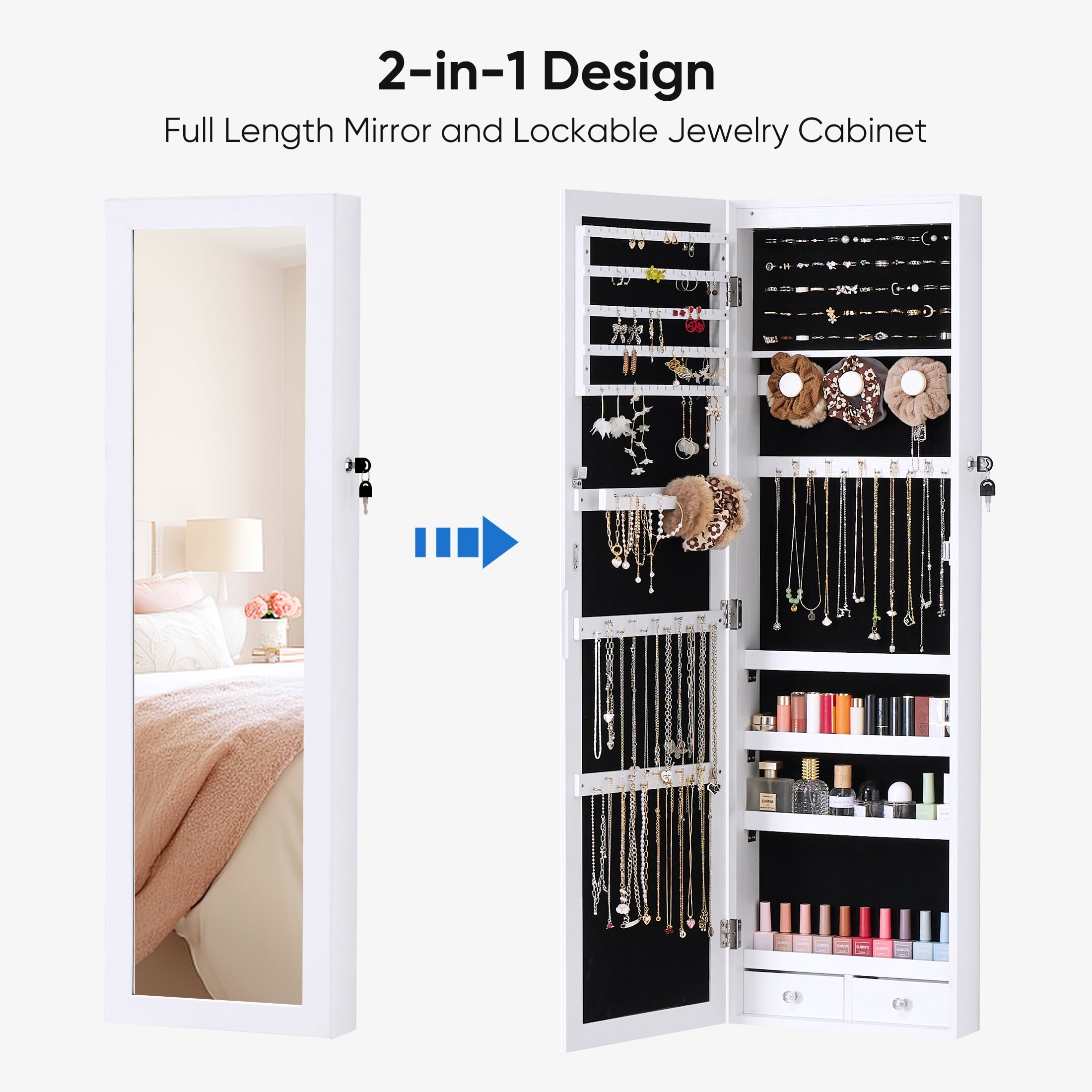edx Full-Length Mirror Jewelry Cabinet with 6 LED Lights, Wall Door Mounted Jewelry Armoire Organizer with Makeup Storage