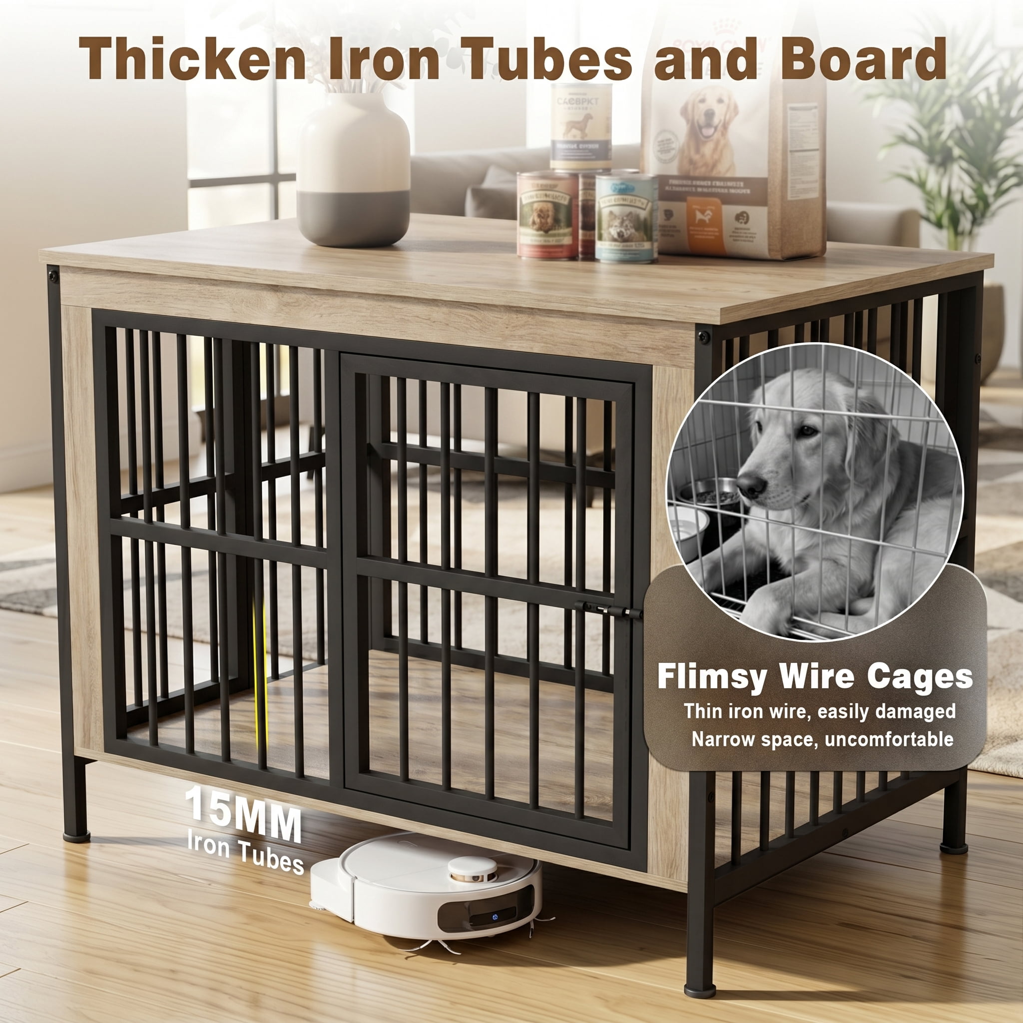 TIME RAY 44 Inch Dog Crate Furniture for Large Dog,Wood Dog Kennel Furniture Indoor with Removable Divider,Dog Cage Furniture as TV Stand,White