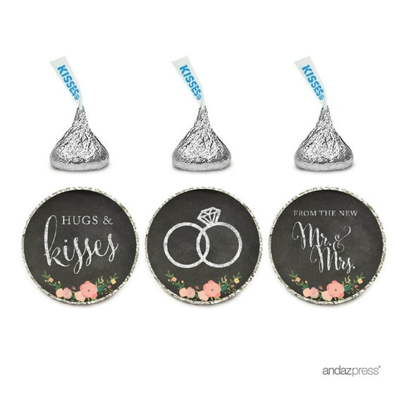 Koyal Wholesale Chocolate Drop Labels Stickers, Wedding Hugs & Kisses from the New Mr. & Mrs., Chalkboard Floral Roses, 216-Pack