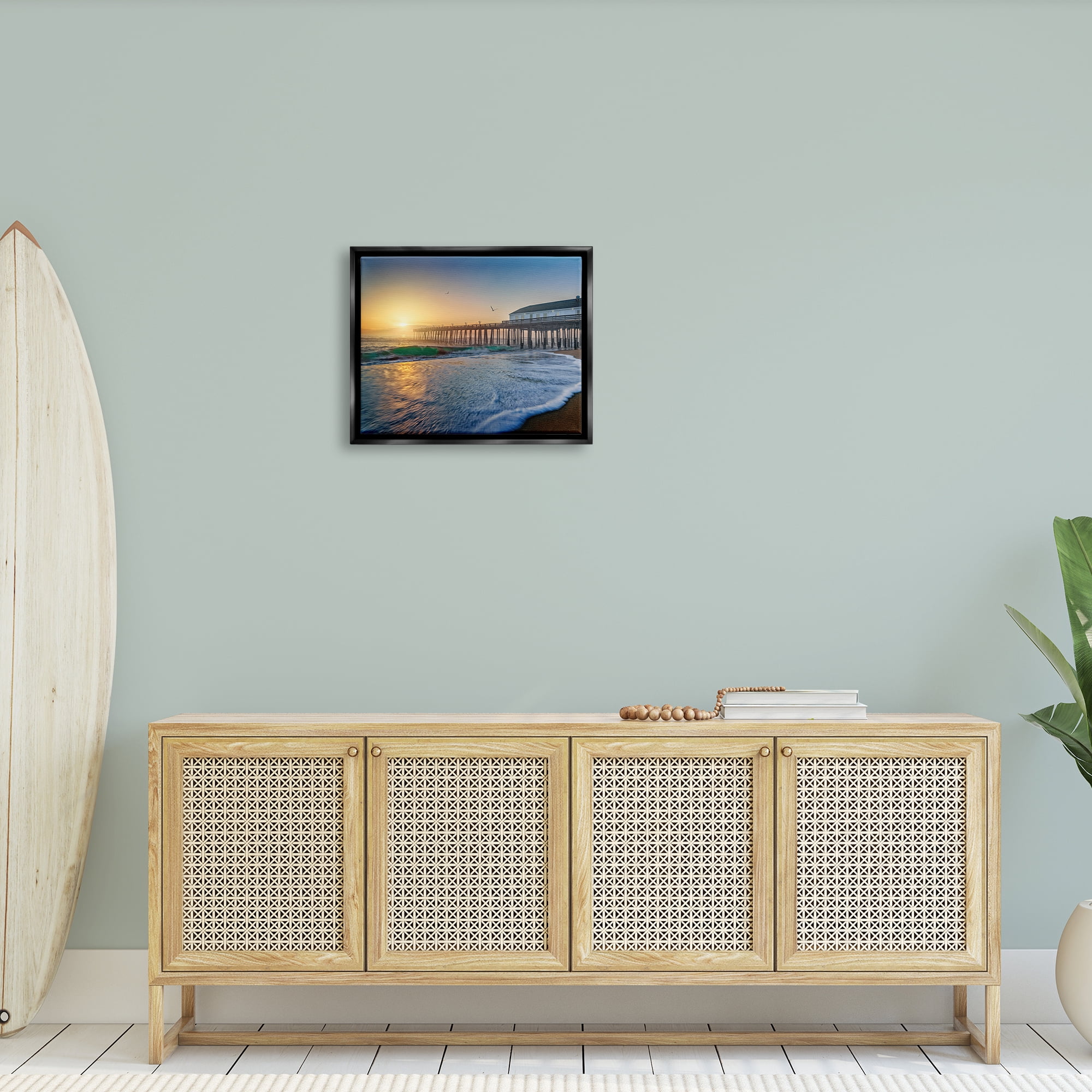 Stupell Sunlit Coastal Pier Ocean Foam Landscape Photography Black Floater Framed Art Print Wall Art