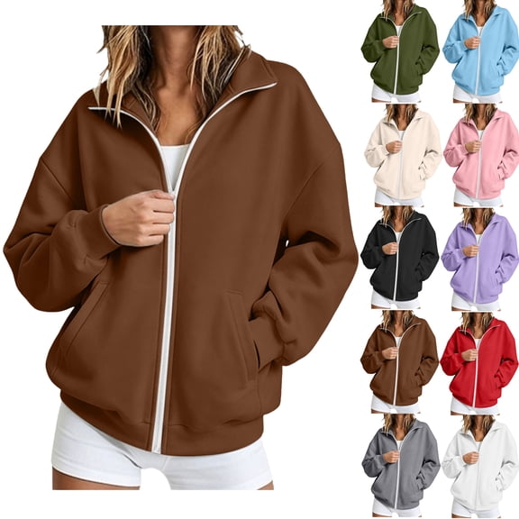 Zipper Up Hoodies Sweatshirts for Women Plus Size Zipper Up Fall Lightweight Fleece Side Pocket Drop Shoulder Long Sleeve Hooded Sweatshirt Jacket Top