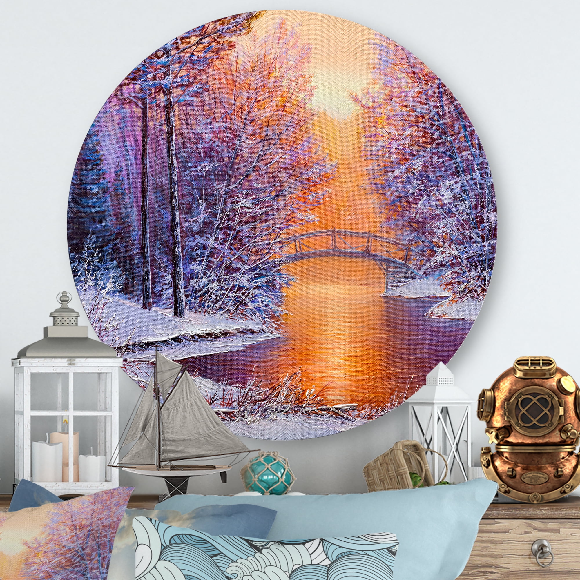 Designart 'Winter Landscape With Bridge Over The River' Traditional Circle Metal Wall Art 11x11 - Disc of 11