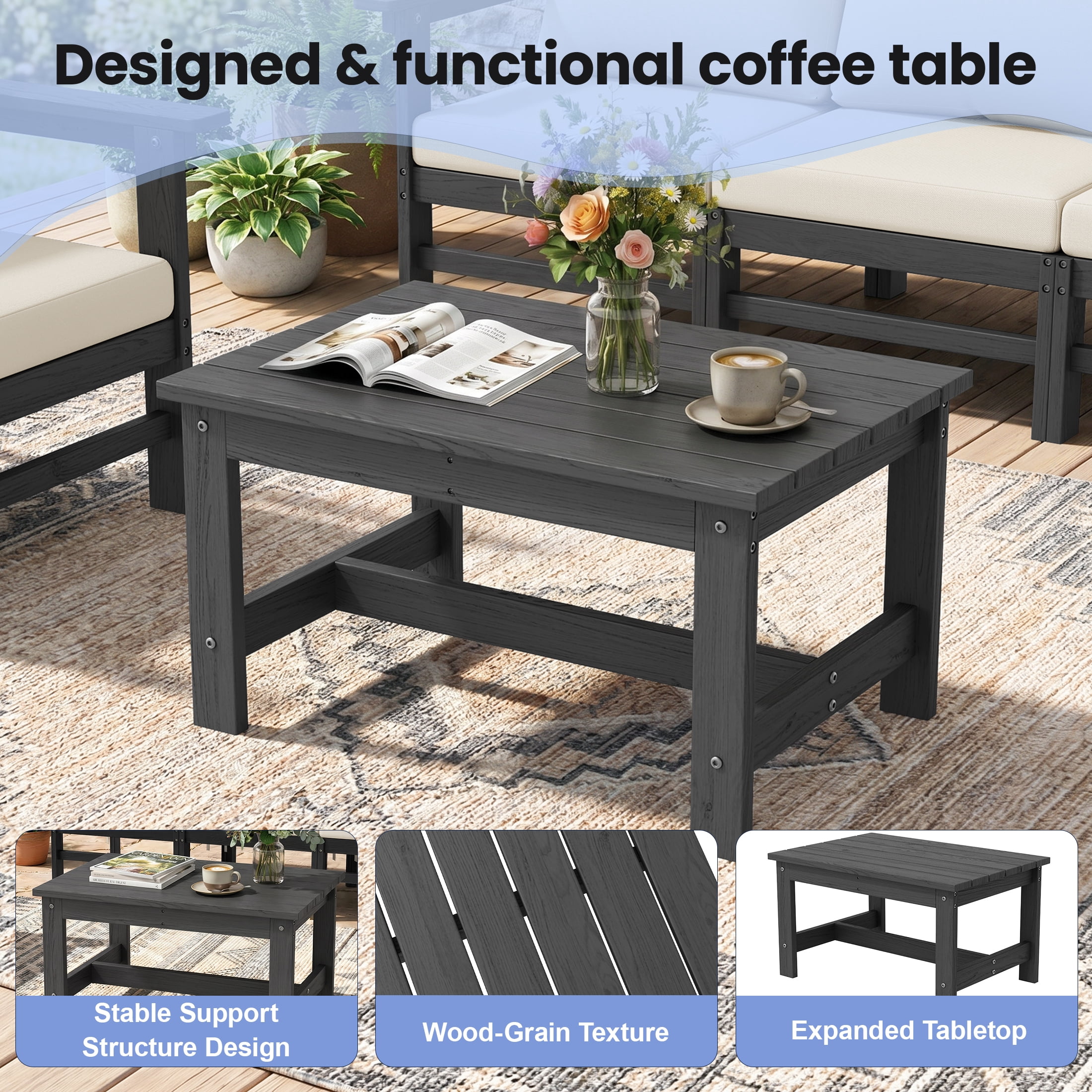 UDPATIO HDPE Patio Conversation Set, 6-Piece Sectional Outdoor Furniture Set, All-Weather Outdoor Couch Set for Deck, Lawn, Grey Frame with Beige Cushion