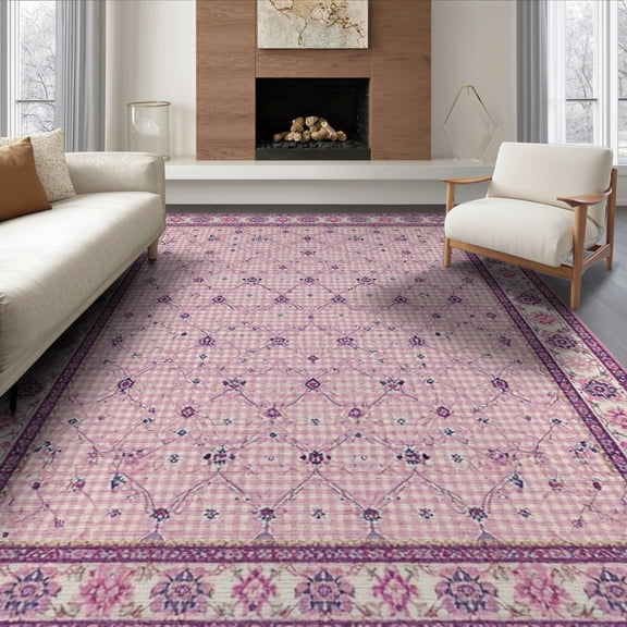 ODIKA 8'x10' Washable Area Rug Pink Checkered Purple Inspired Boho Charm Bold Checkerboard Grid for Dining Room, Large Office, Lounge, Non-Slip Chair-Friendly Mat