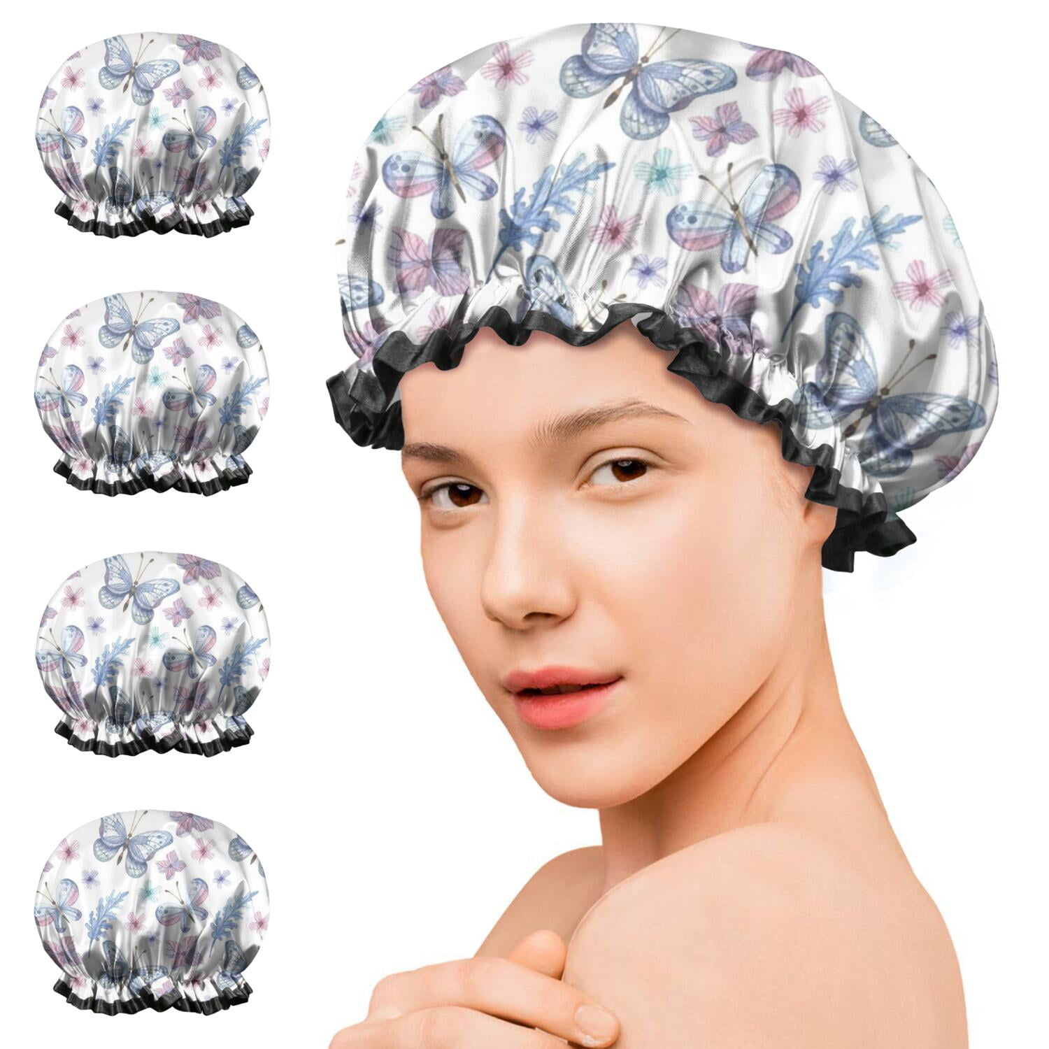 Shower Caps,Watercolor Butterfly Flower Leaf White Pattern Waterproof Shower Cap for Women 4 Pieces,Double Reusable Hair Cover for Shower PEVA Elastic Stretch Hem