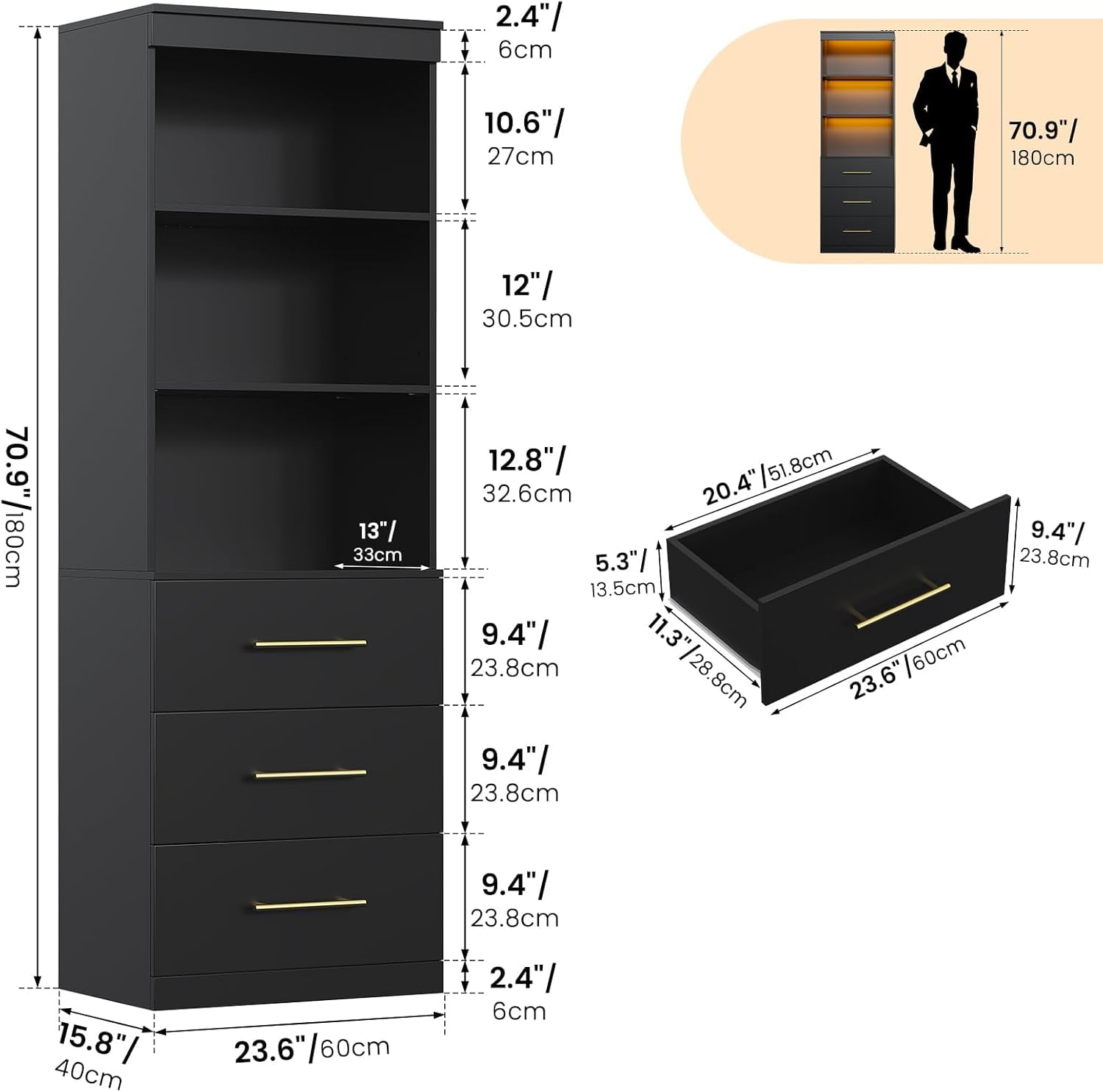 Winkalon 71" H Black Bookshelf with Drawers, Bookshelf and Bookcase with 3-Tier Open Shelves, Tall Bookcase Tall Storage Cabinet for Home Office