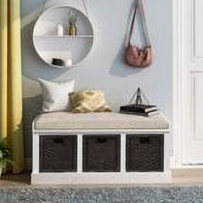 Lecut Wood Frame Storage Bench with Removable Linen Blend Cushion and 3 Rattan Baskets Rustic Shoe Bench for Under Window Entryway Bedrooms White
