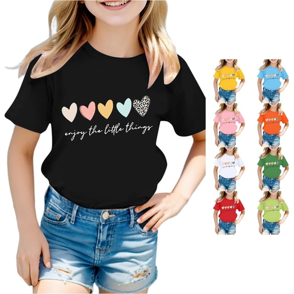 WERYOUNG Girls Cute Graphic T Shirts Heart Print Round Neck Short Sleeve Tees Summer Casual T-Shirt Soft Top 3-4 Years