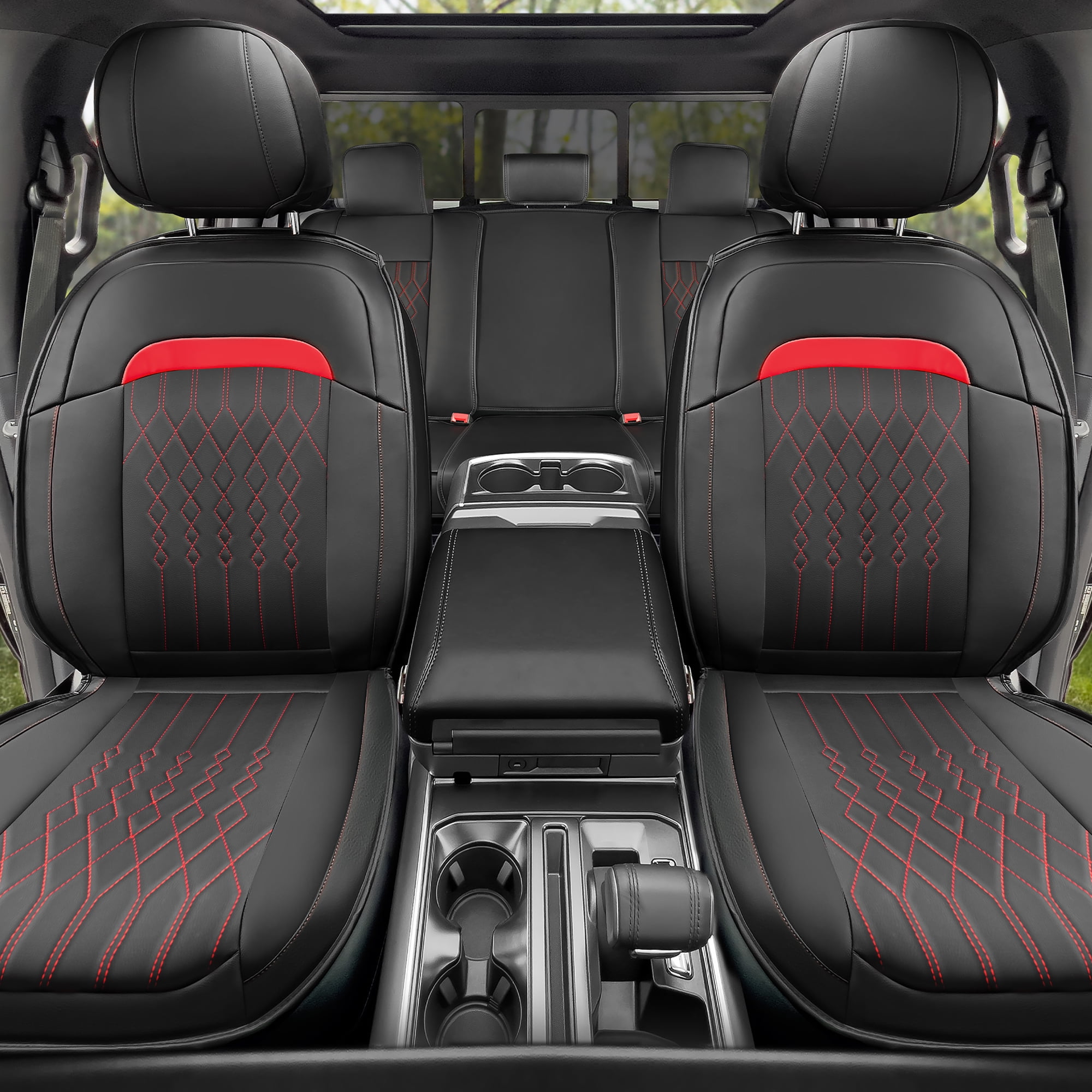 Seat Covers Full Set for Ford F150 2009-2025, 5 Seat Full Set Waterproof Seat Cushion, Anti-Slip, Breathable, Compatible with F250/F350/F450 2017-2025, (Black&Red)