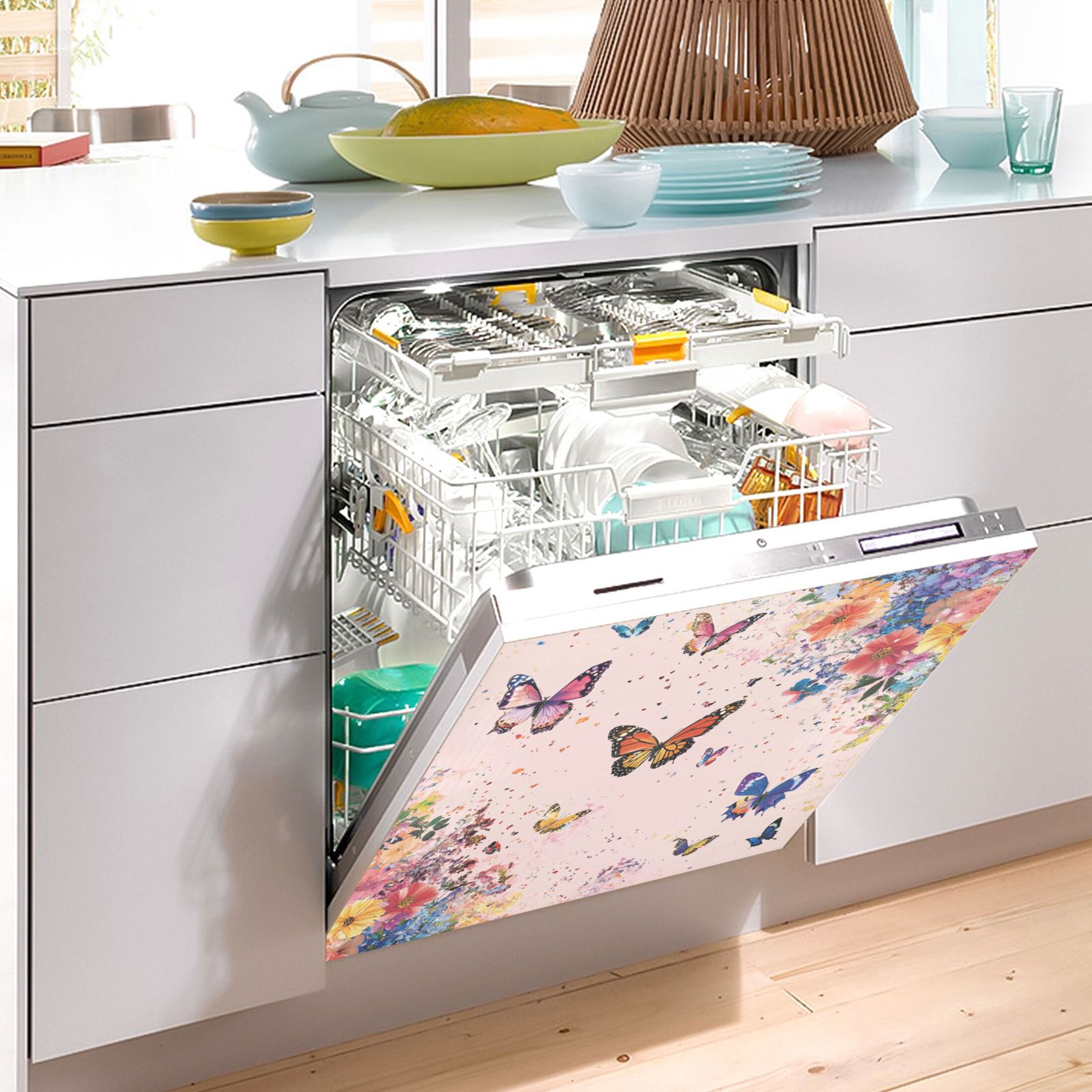 Dishwasher Magnetic Sticker 23x26 Inch Refrigerator Magnetic Sticker Washing Machine Magnetic Sticker Kitchen Panel Magnetic Sticker Home Decor Pink Flowers and Butterflies