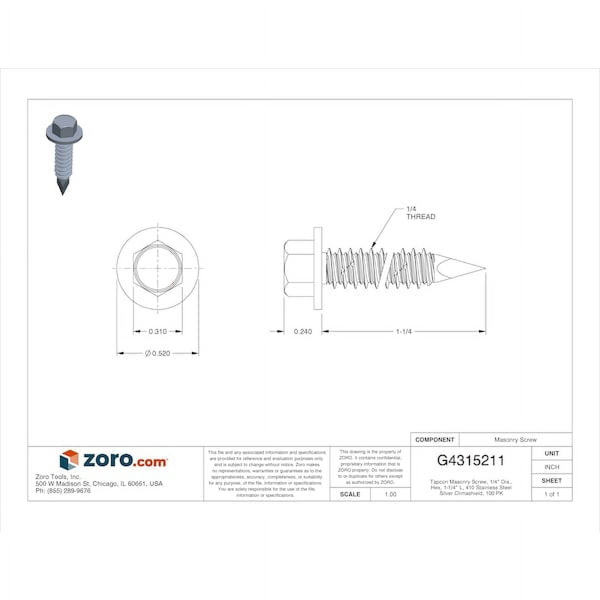 Tapcon Masonry Screw, 1/4" Dia., Hex, 1-1/4" L, 410 Stainless Steel Silver Climashield, 100 PK