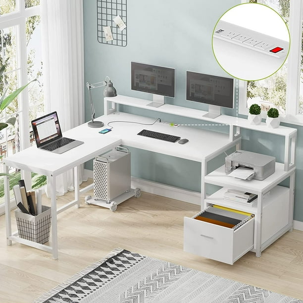 Sedeta L Shape Desk with Hutch, Storage Shelves, File Drawer and Power