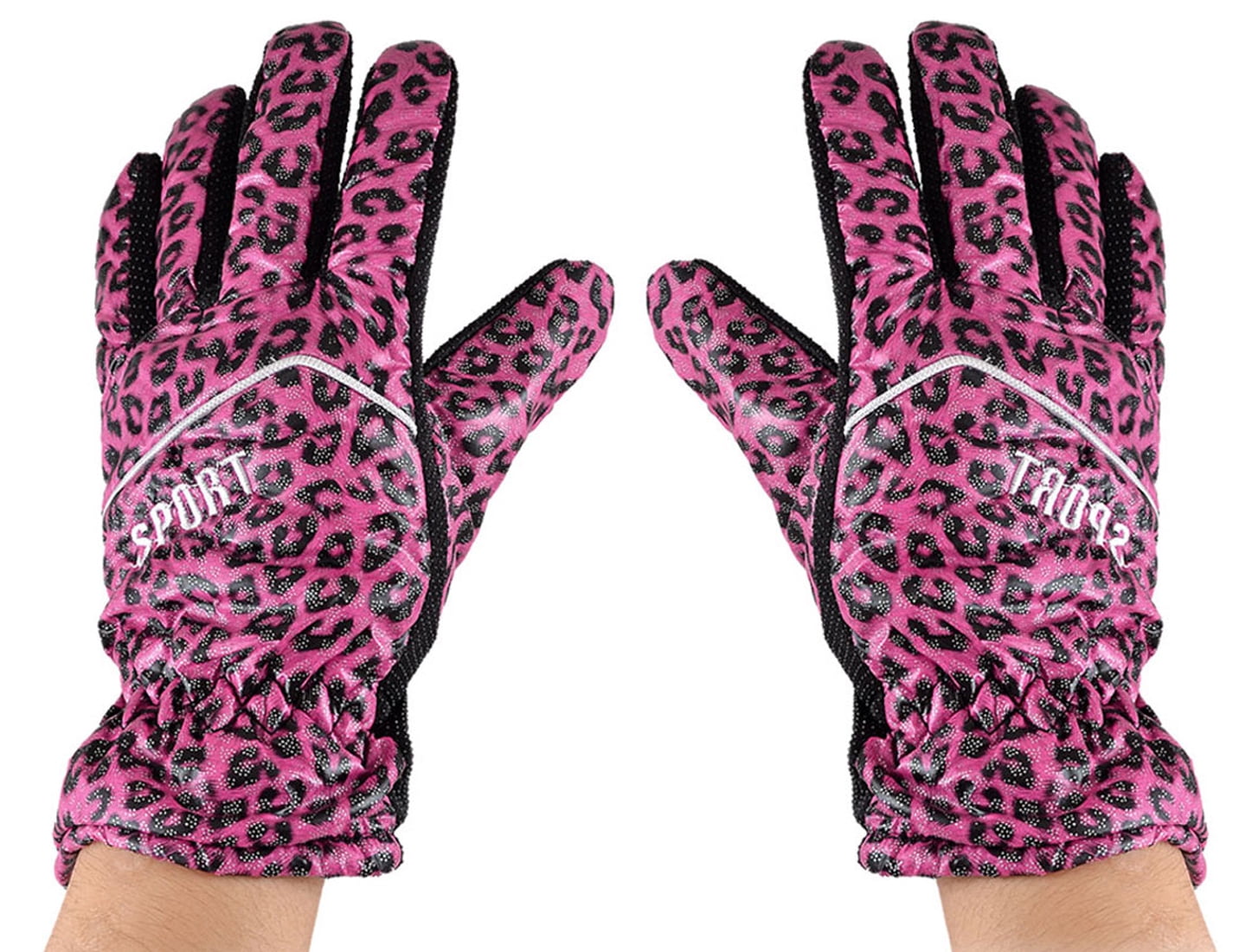 Lady Leopard Print Fleece Lining Winter Gloves Fuchsia Black Silver