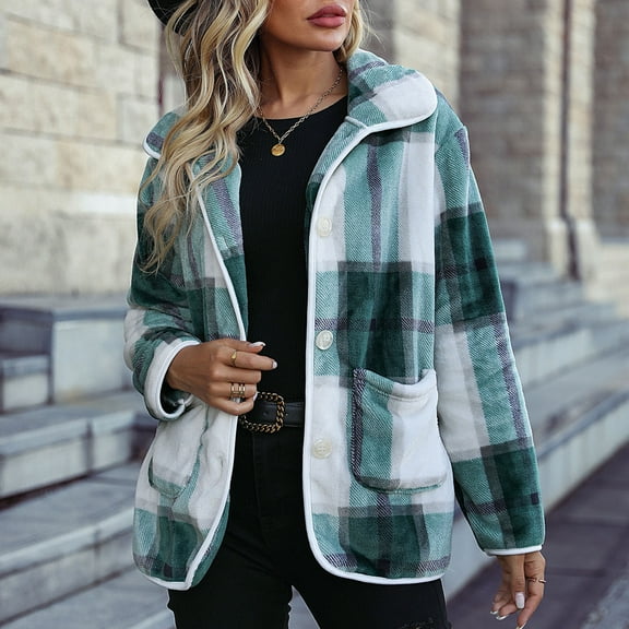 Usmixi Winter Womens Plaid Coat Fuzzy Fleece Jacket for Women Fashion Button Down Lapel Loose Shirts Coat Long Sleeve Pocket Cozy Plush Shacket Outwear 2023 Plaid Coat