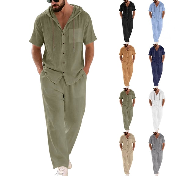 UVEASISHA Travel Sets for Men 2 Piece Cotton Linen Outfits Lightweight Button Down Hooded Shirts and Pants Set 2026 Summer Fashion Beach Vacation Outfit Army Green L