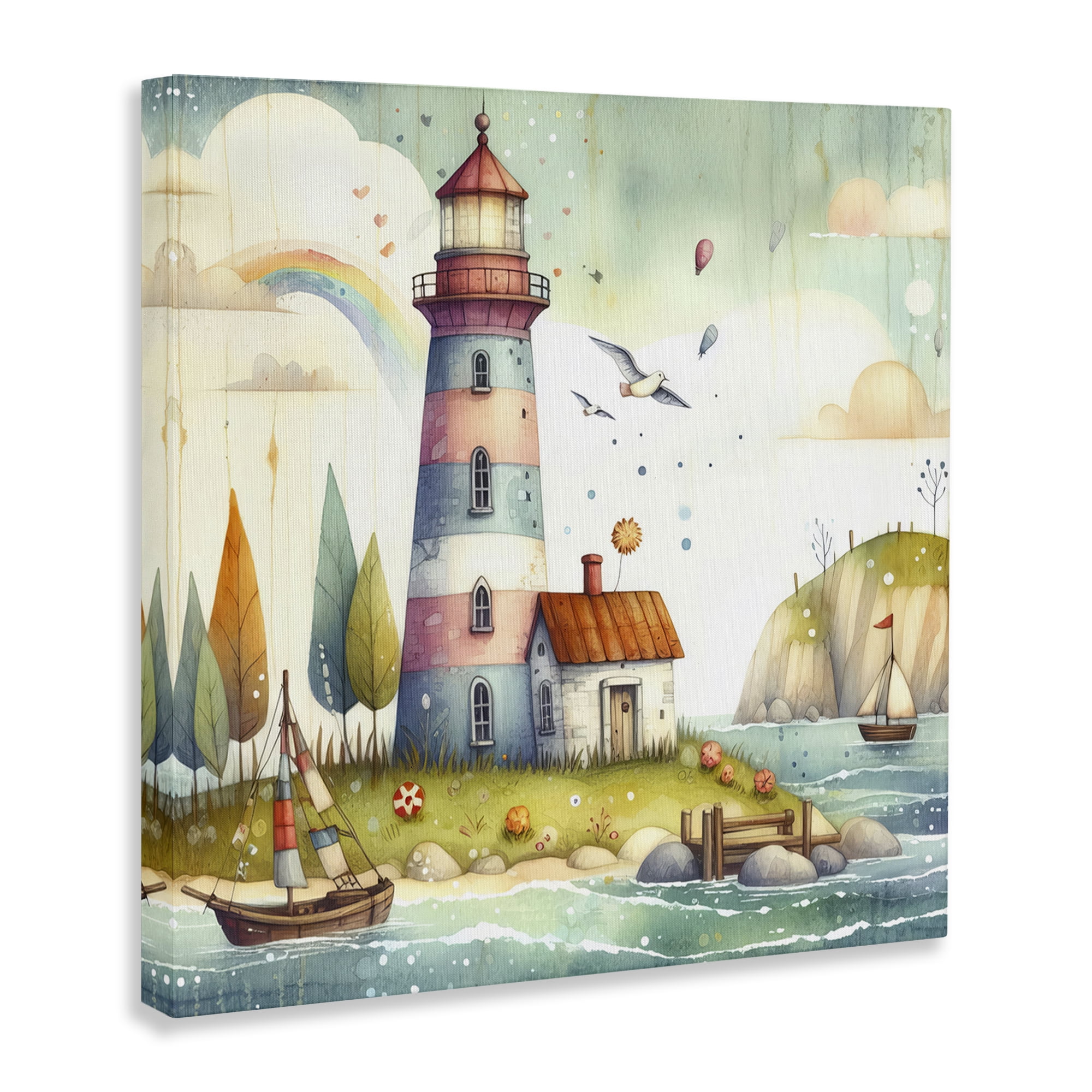 Stupell Industries Lighthouse Cottage Scenery Nautical & Beach Painting Wrapped Canvas Art Print Wall Art, 17 x 17