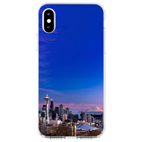 DistinctInk Clear Shockproof Hybrid Case for iPhone XS Max (6.5" Screen) - TPU Bumper, Acrylic Back, Tempered Glass Screen Protector - Seattle Skyline Night - Show Your Love of Seattle