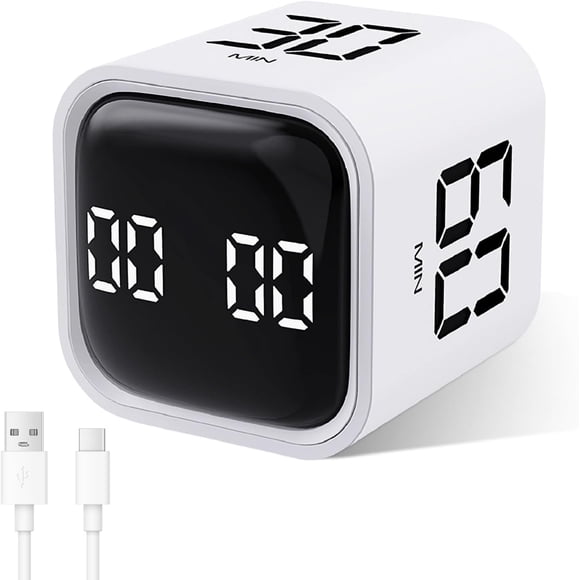 Cube Time Timer, Pomodoro Rotating Timer, 5/10/30/60 Minutes and Digital Timer, Kids Learning Timer with Vibration, Adjustable Sound Timer for Kitchen, White