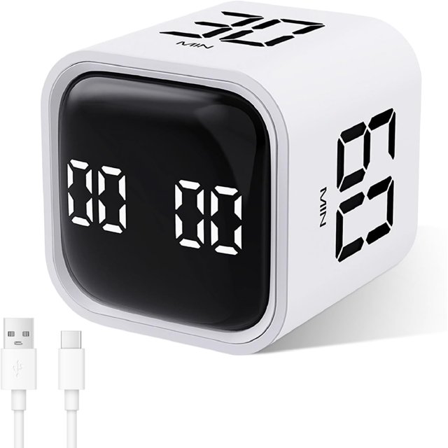 Cube Time Timer, Pomodoro Rotating Timer, 5/10/30/60 Minutes and Digital Timer, Kids Learning Timer with Vibration, Adjustable Sound Timer for Kitchen, White