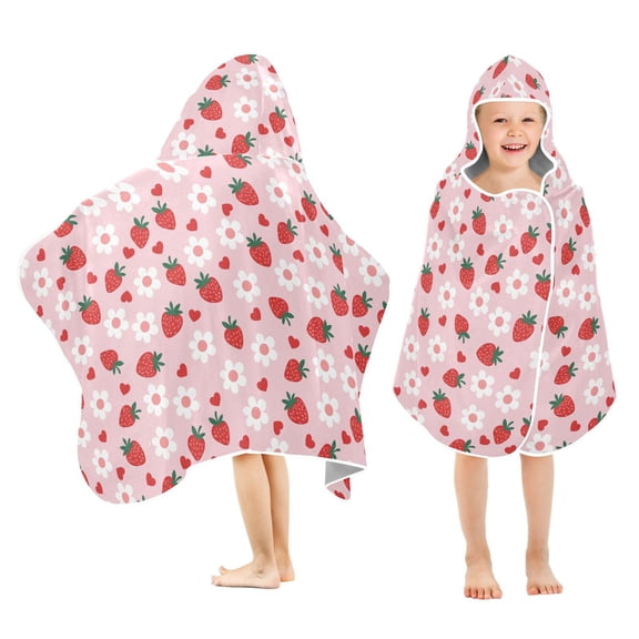 Yayeee Kids Hooded Towel with Hand Pockets Beach Soft Absorbent Bath Wrap 50 x 23.5 inch, Pink Floral Strawberry Pattern