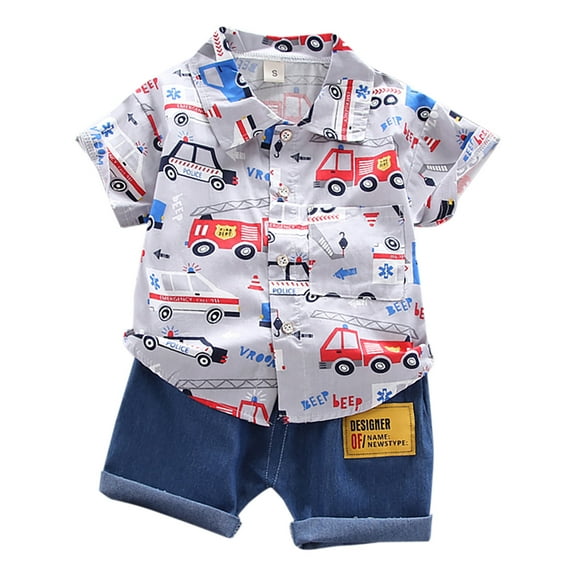 CUZIBR Boys Kids Baby Summer Short Outfits Short Sleeve Cartoon Car Print Button Down Lapel Shirts Blouse And Jean Shorts Casual Two Piece Fashion Relaxed Fit Sets Trendy Clothes,Grey,3-4 Years