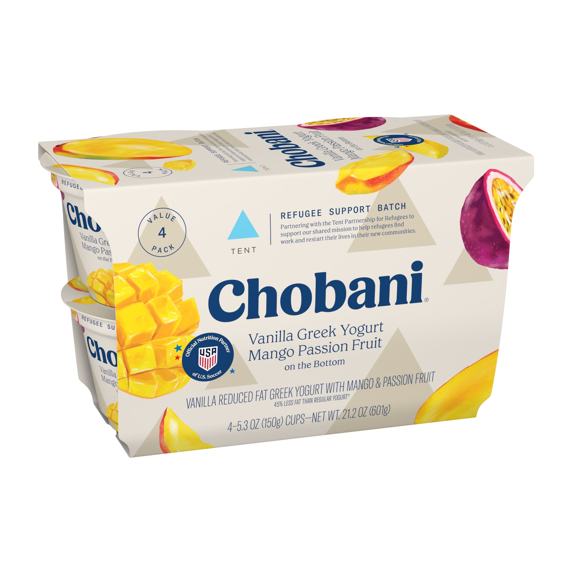 Chobani Low-Fat Vanilla Greek Yogurt with Mango Passion Fruit on The Bottom 5.3 oz, 4 pack