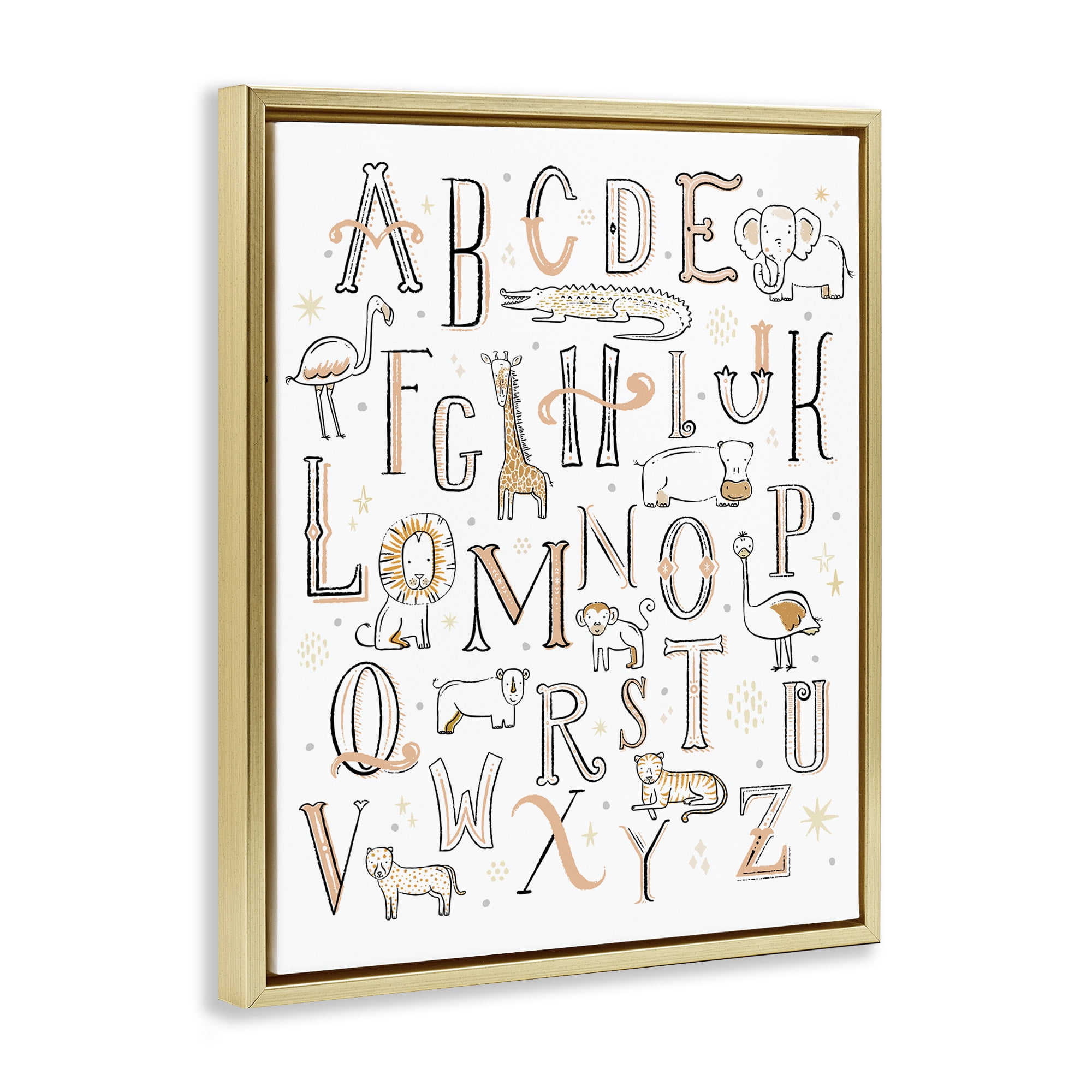 Stupell Industries Nursery Animal Alphabet Chart Art for Kids Painting Gold Floater Framed Canvas Art Print Wall Art, 17 x 21