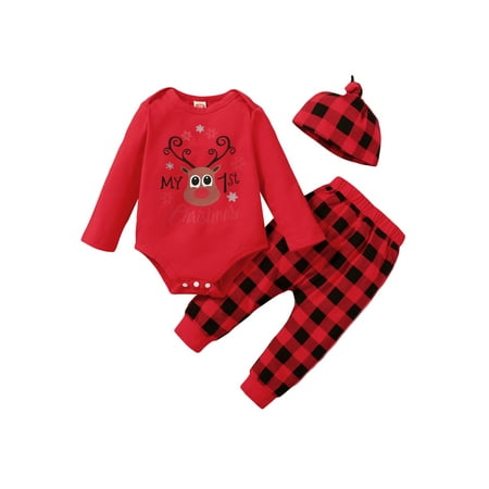 

AMILIEe Toddler Baby Christmas Outfits 3Pcs Set Snowflake Letter Deer Print Long Sleeve Romper + Plaid Pants + Hat