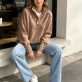 thumbnail image 4 of Winter Loose Sweaters for Women Stand Up Collar Long Sleeve Quarter Button Solid Color Fashion Casual Pullover Tops Khaki XXXL, 4 of 7