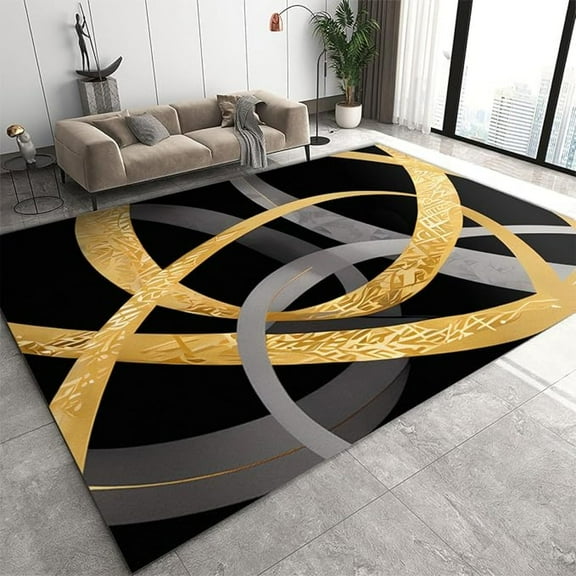 Black And Gold Geometric Lines Area Rug, Abstract Gray Irregular Curved Lines Indoor Non Slip Bedroom Rug, Machine Washable Carpet For Living Room Study Dining Room Floor Mat 4x6ft