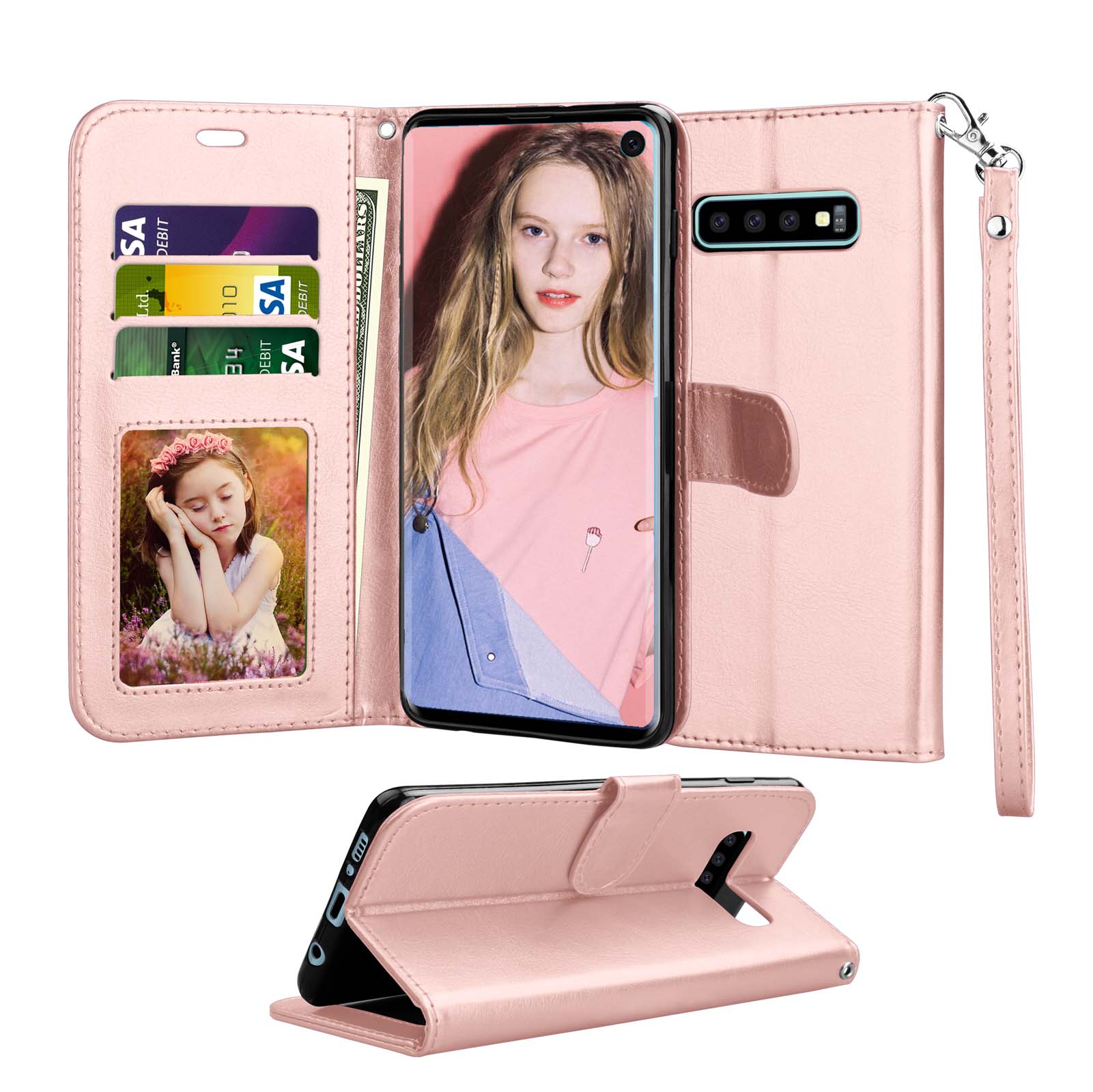 Tekcoo Galaxy S10 / S10 Plus / S10E Wallet Case, for Galaxy S10 / S10+ / S10e Case, Tekcoo [Rose Gold] PU Leather [3 Card Slots] ID Credit Flip Cover [Kickstand] Cover & Wrist Strap - image 1 of 5