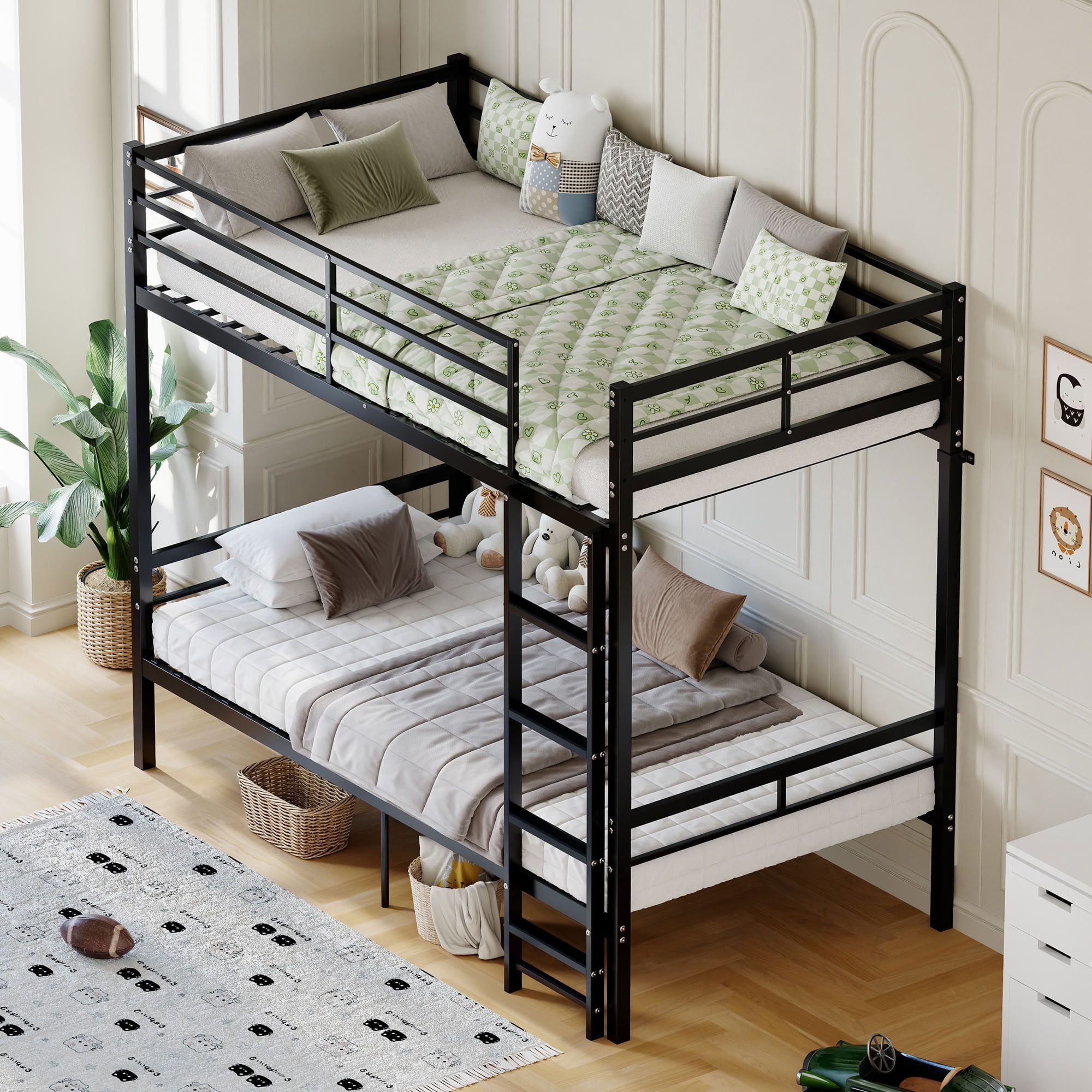 MAYEERTY Twin Over Twin Metal Bunk Bed, Heavy Duty Bunk Bed Frame with Guardrail for Kids Room, Black